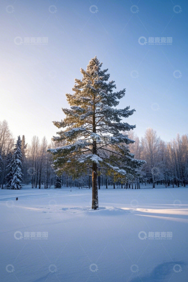 高清大图下载【趣麦麦图】雪地中挺拔的积雪松树