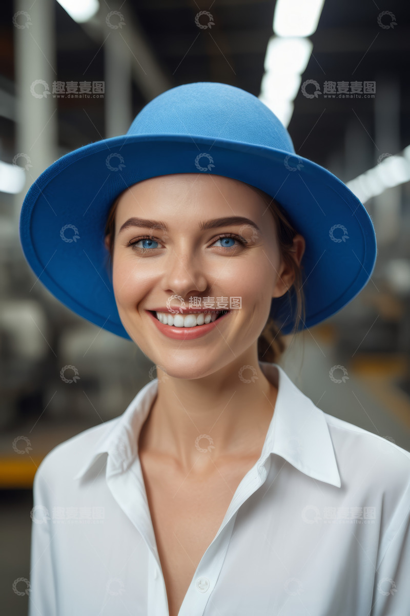 高清大图下载【趣麦麦图】戴蓝帽微笑女子特写