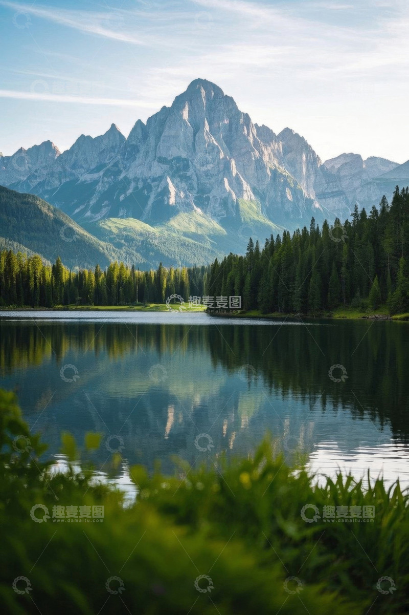 高清大图下载【趣麦麦图】山林间宁静湖泊与巍峨山峰