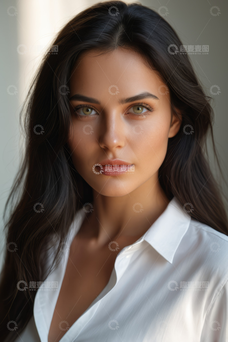 高清大图下载【趣麦麦图】长发女子白衬衫肖像