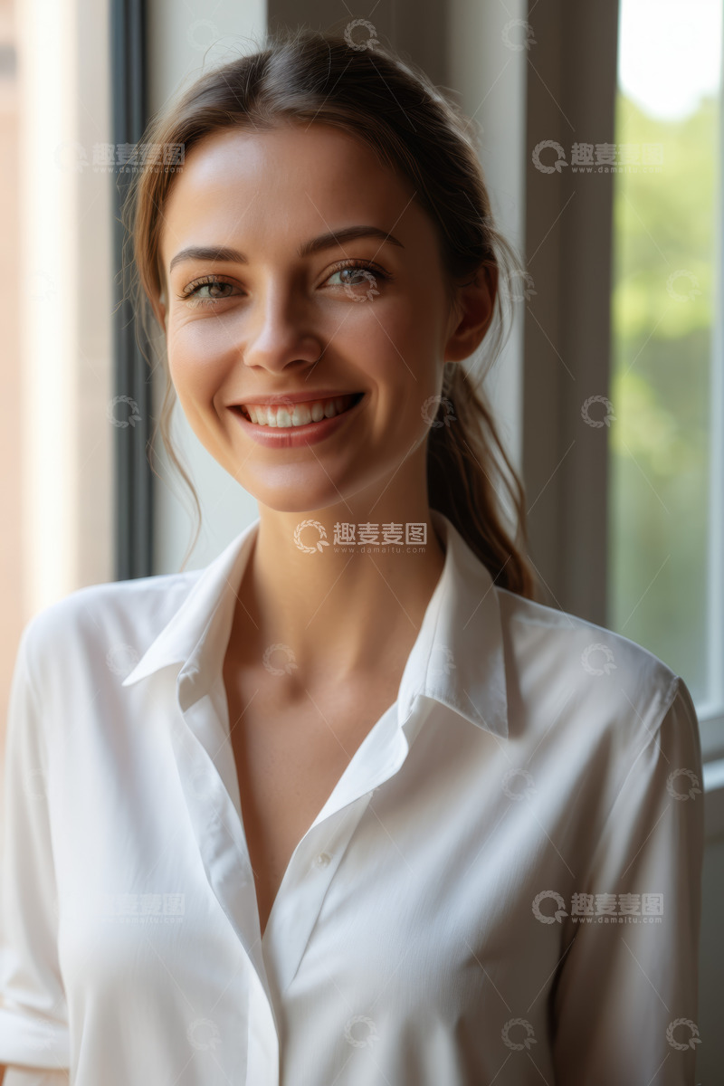 高清大图下载【趣麦麦图】窗边微笑的年轻女性肖像