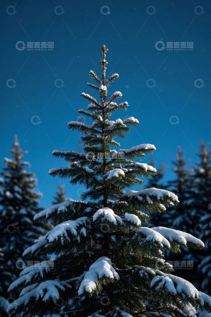 高清大图下载【趣麦麦图】雪覆盖的松树与蓝天背景