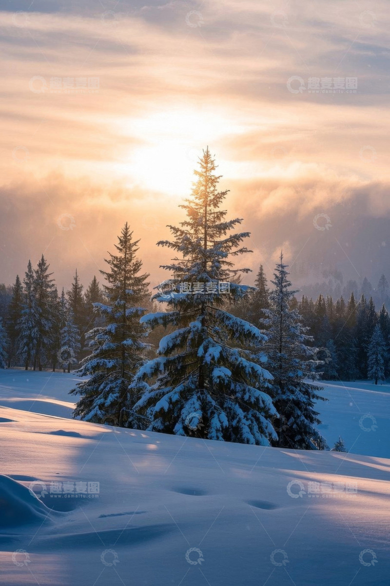 高清大图下载【趣麦麦图】雪后森林日出景象