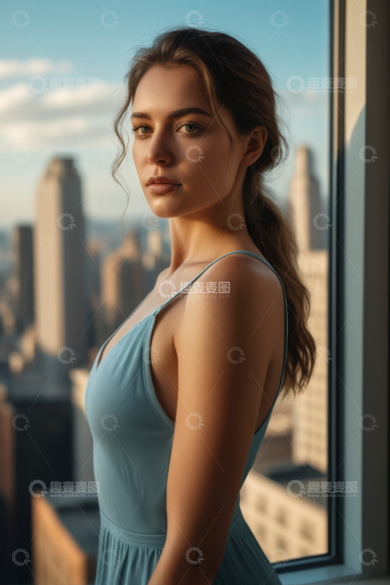 高清大图下载【趣麦麦图】窗边站立的女子