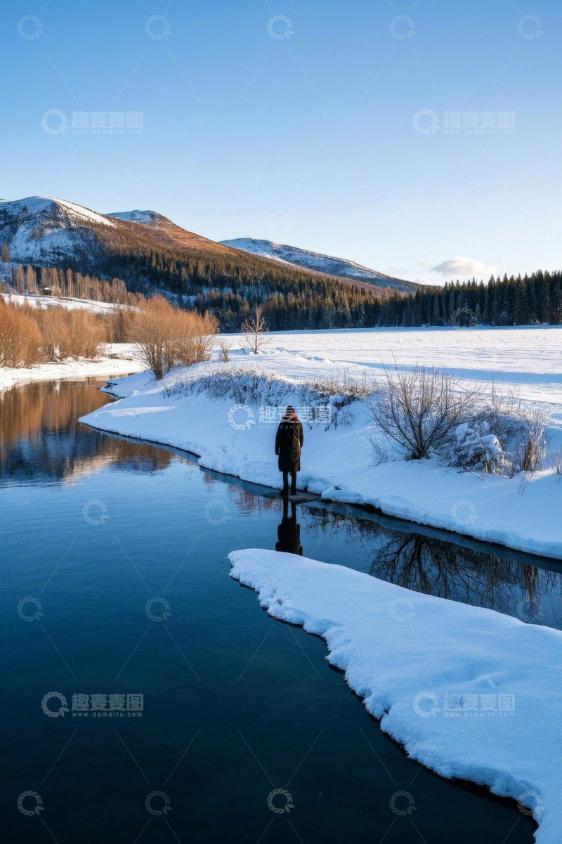 高清大图下载【趣麦麦图】人在雪野河畔的身影