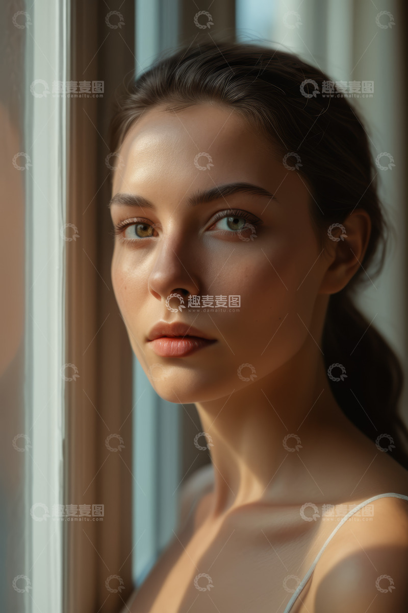 高清大图下载【趣麦麦图】窗边年轻女子的肖像特写