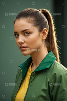 年轻女子绿色外套肖像特写