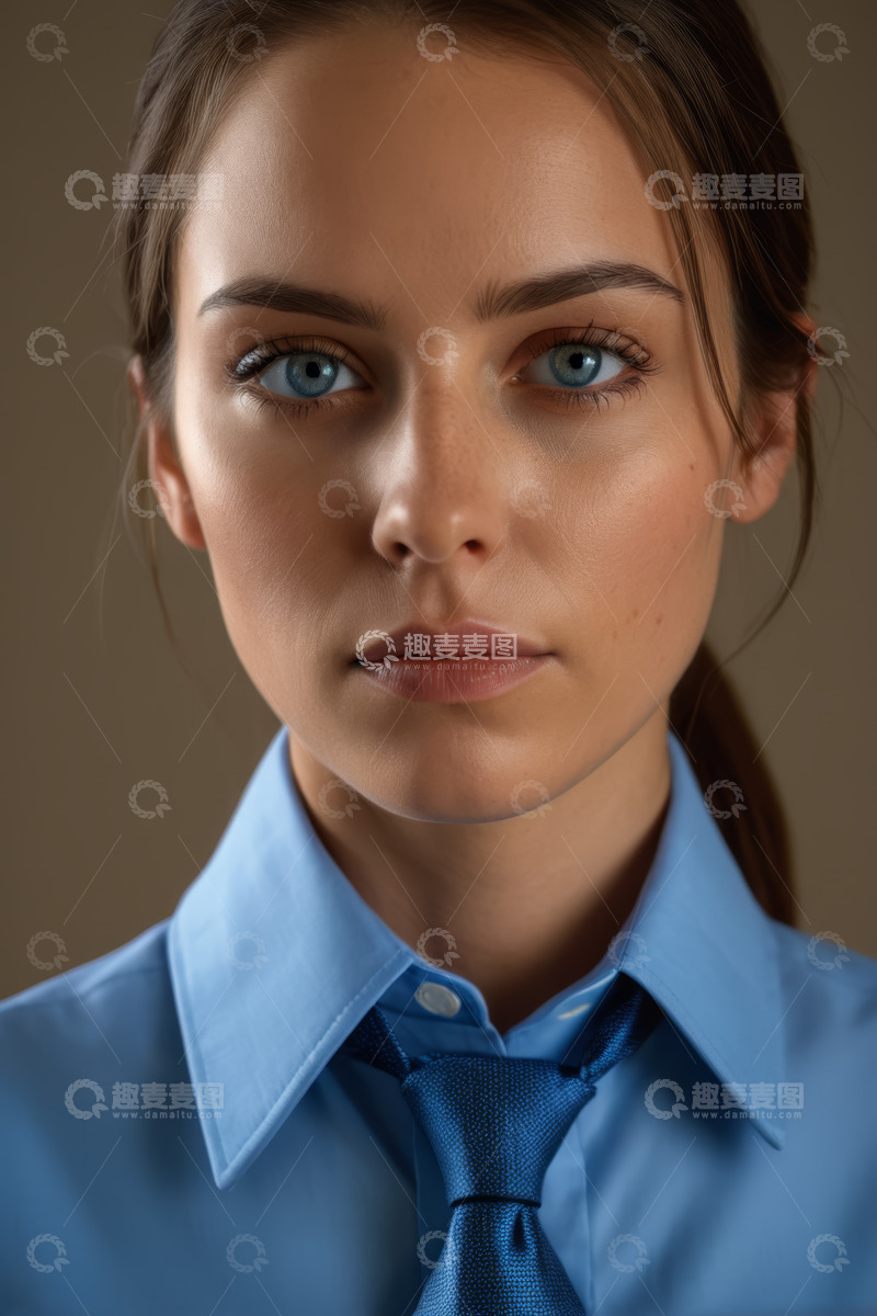 高清大图下载【趣麦麦图】穿蓝衬衫打领带的女性肖像