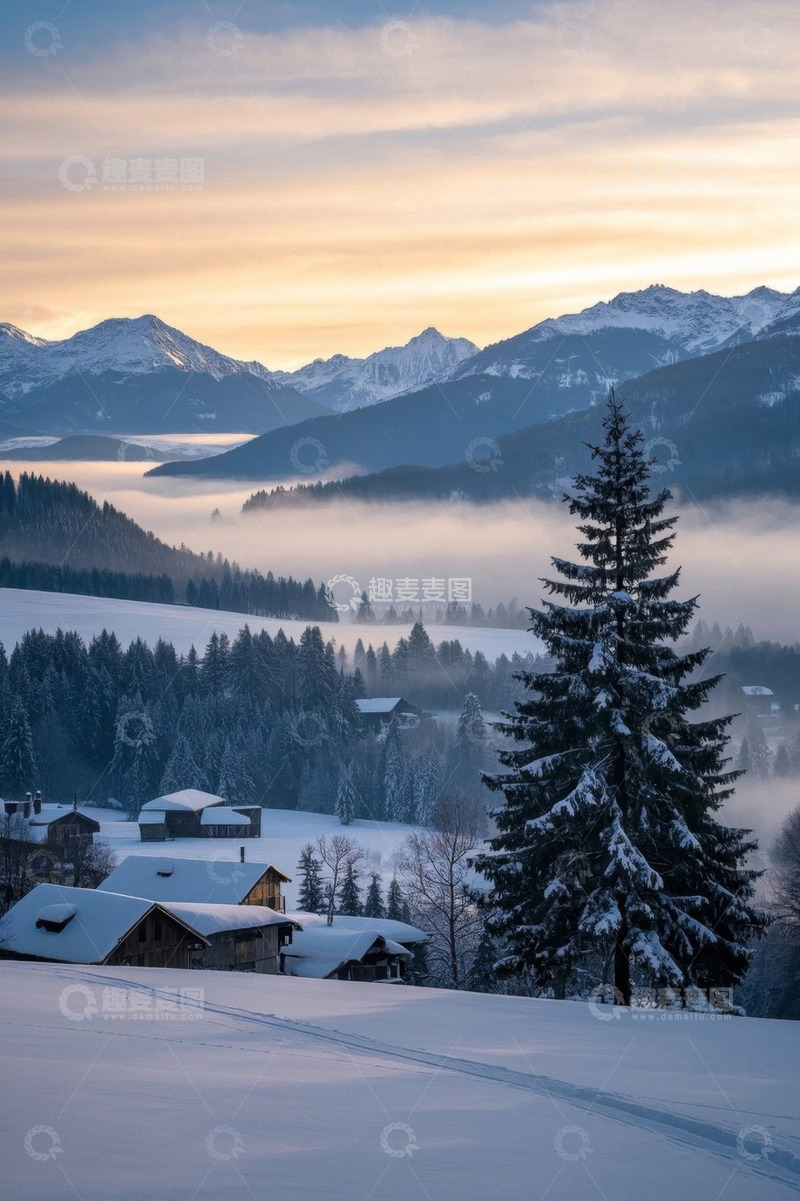 高清大图下载【趣麦麦图】雪山下的雪林与村庄景观