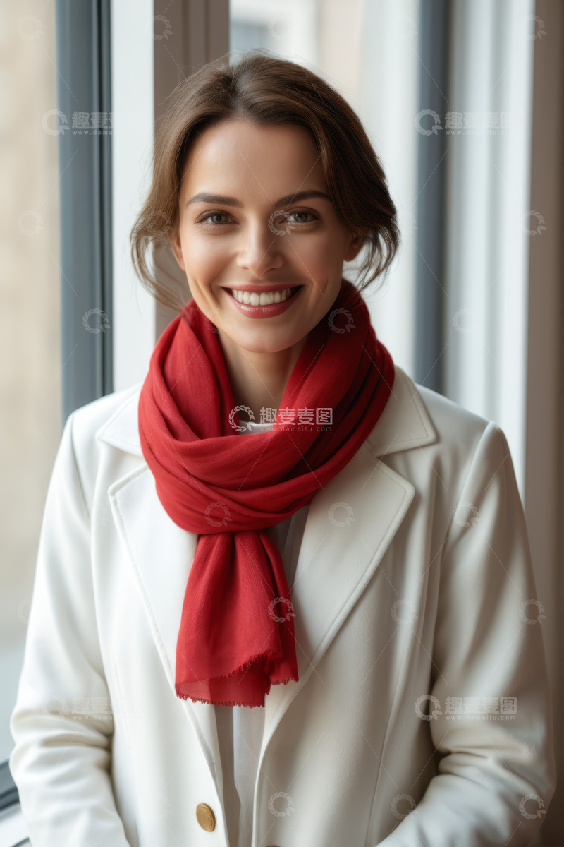 高清大图下载【趣麦麦图】戴红围巾微笑的女子肖像