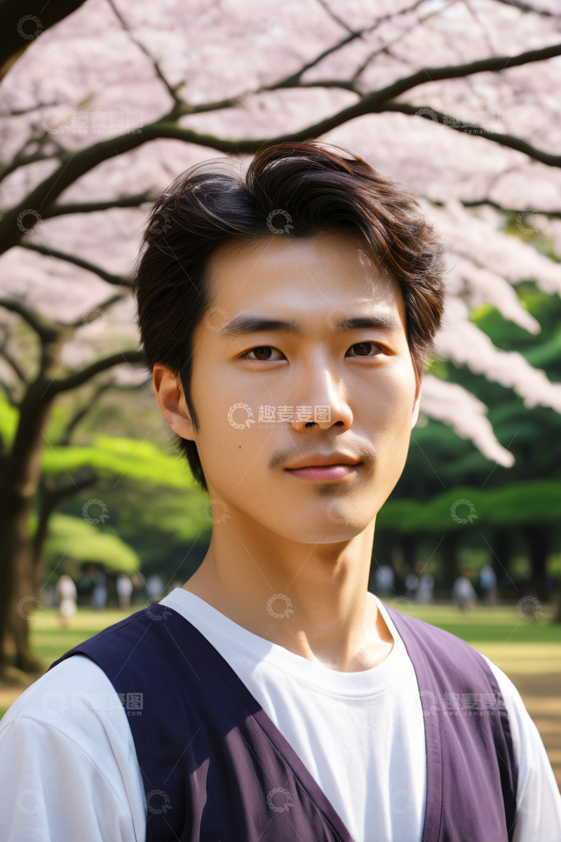 高清大图下载【趣麦麦图】樱花树下的亚洲男子肖像