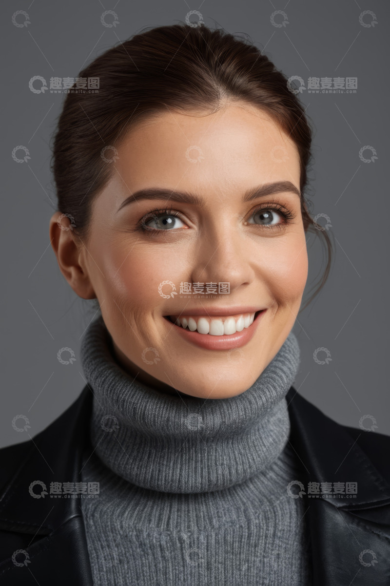 高清大图下载【趣麦麦图】微笑女人高领毛衣肖像特写