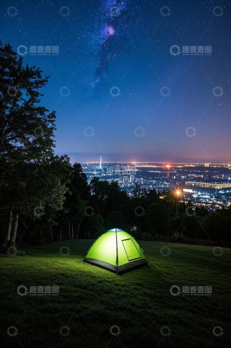 高清大图下载【趣麦麦图】夜晚草地露营帐篷与城市夜景