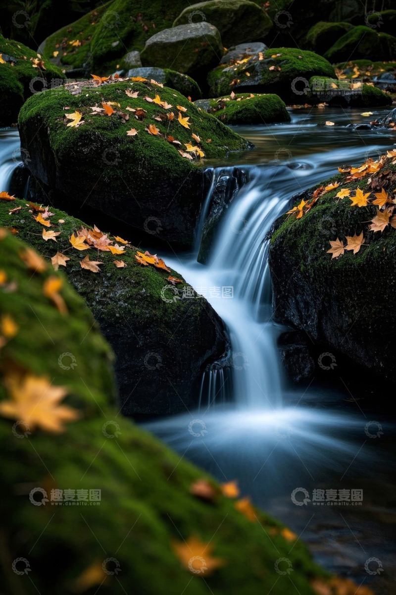 高清大图下载【趣麦麦图】森林中流水覆盖青苔的岩石