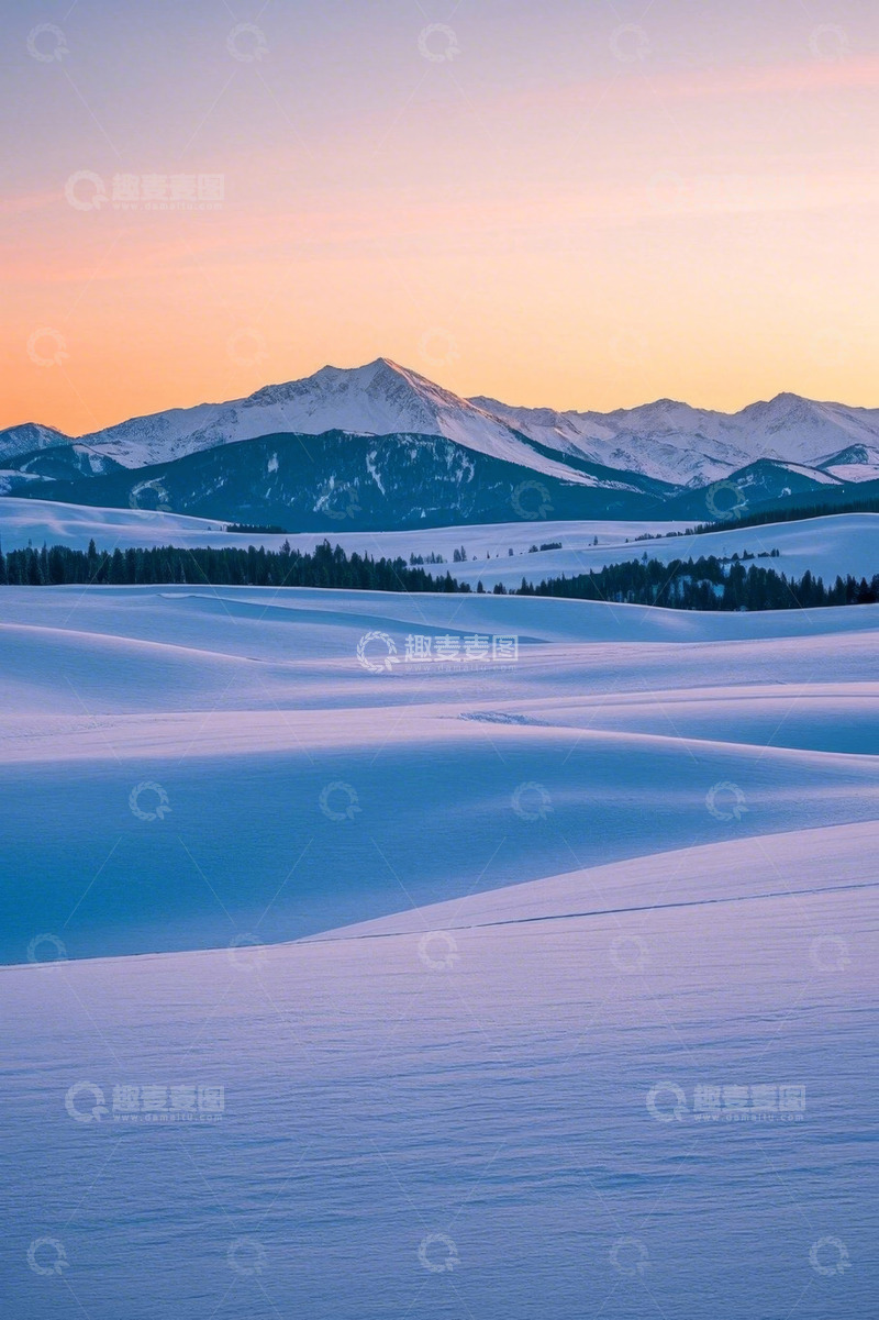 高清大图下载【趣麦麦图】雪山下的雪地与森林景观