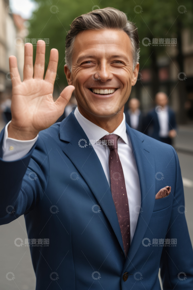 高清大图下载【趣麦麦图】穿西装男子街头挥手微笑