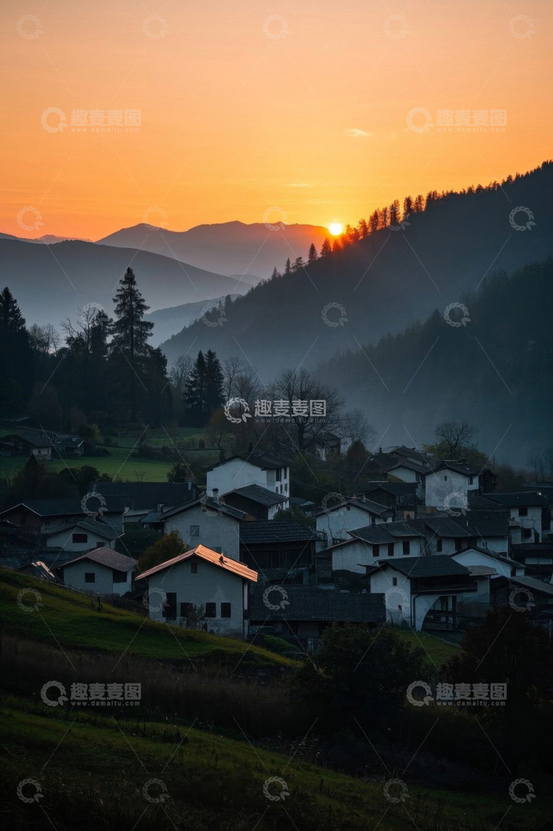 高清大图下载【趣麦麦图】山村日落时的宁静景象