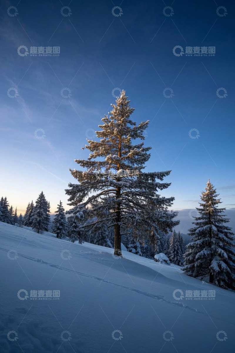 高清大图下载【趣麦麦图】雪后山坡上的松树景观