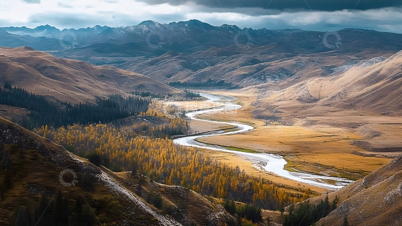 高清大图下载【趣麦麦图】山谷秋色蜿蜒河流风光摄影