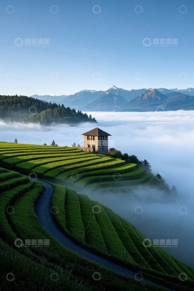 高清大图下载【趣麦麦图】山间梯田云雾中的小屋