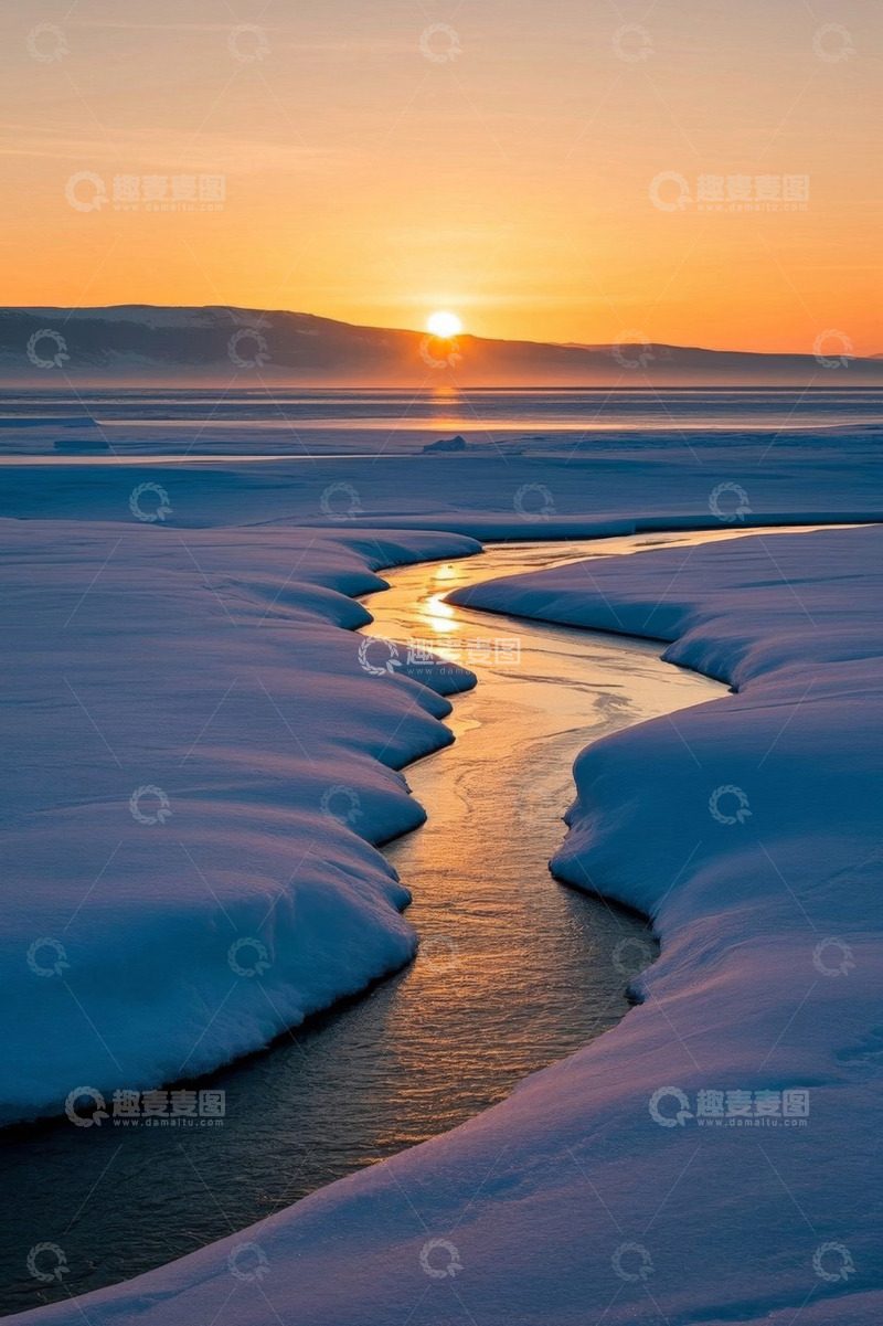 高清大图下载【趣麦麦图】冰雪覆盖大地的日落景象