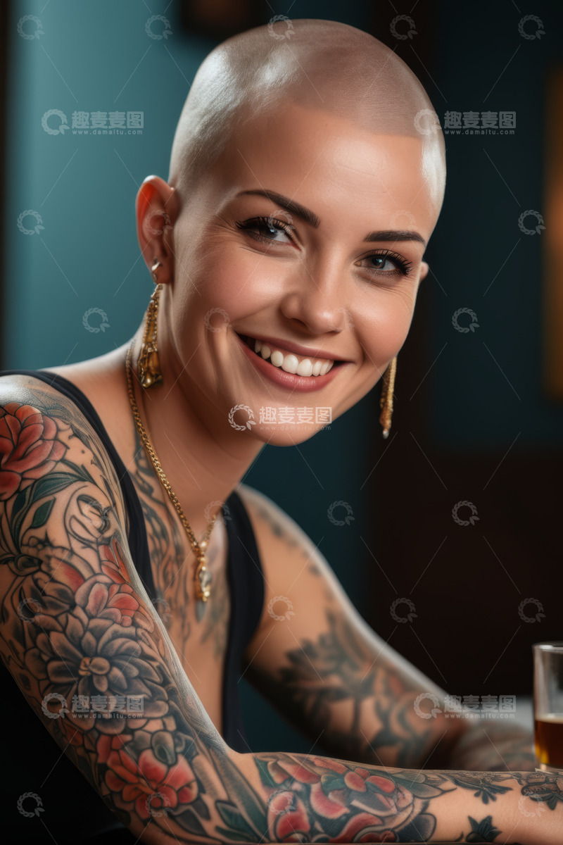 高清大图下载【趣麦麦图】光头纹身女人微笑特写