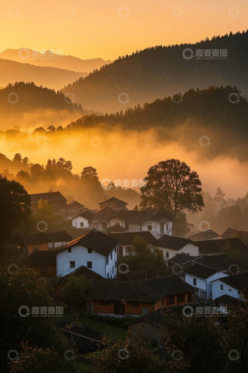 高清大图下载【趣麦麦图】山村晨景薄雾环绕的民居