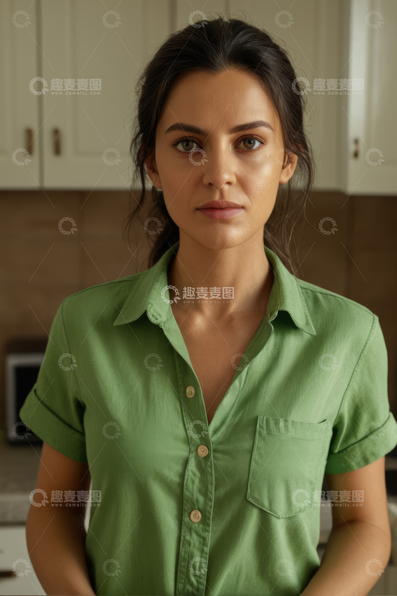 高清大图下载【趣麦麦图】穿绿衬衫的年轻女性人像