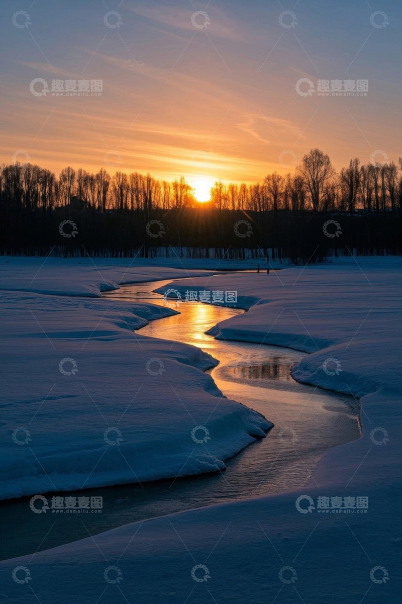 高清大图下载【趣麦麦图】冬日河流日落自然风景
