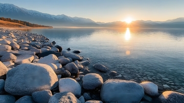 山水风光晨景石滩湖景