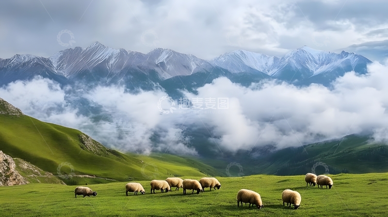 高清大图下载【趣麦麦图】雪山牧场绵羊风光
