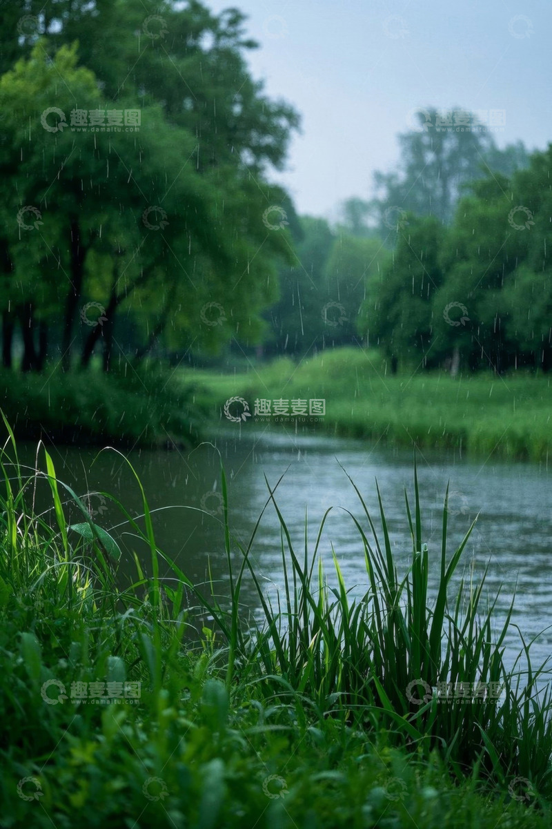 高清大图下载【趣麦麦图】雨中河畔绿植自然风光
