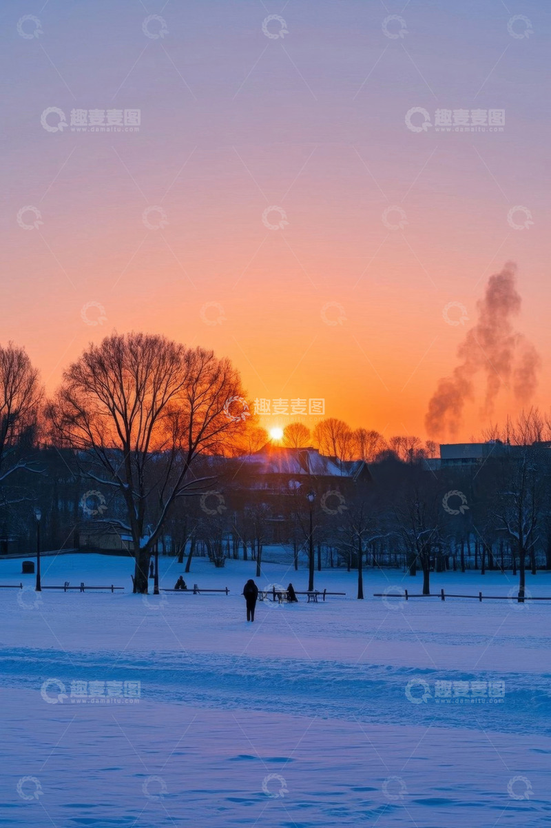 高清大图下载【趣麦麦图】冬日雪地夕阳下的休闲场景