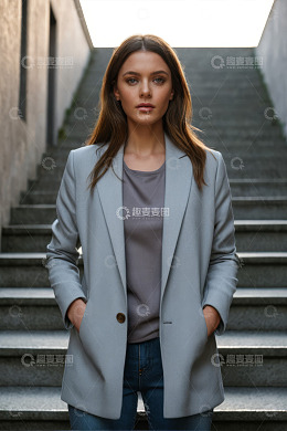户外楼梯前站立的年轻女性