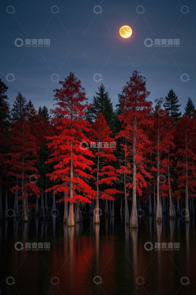 高清大图下载【趣麦麦图】月夜下的红色水杉林景观
