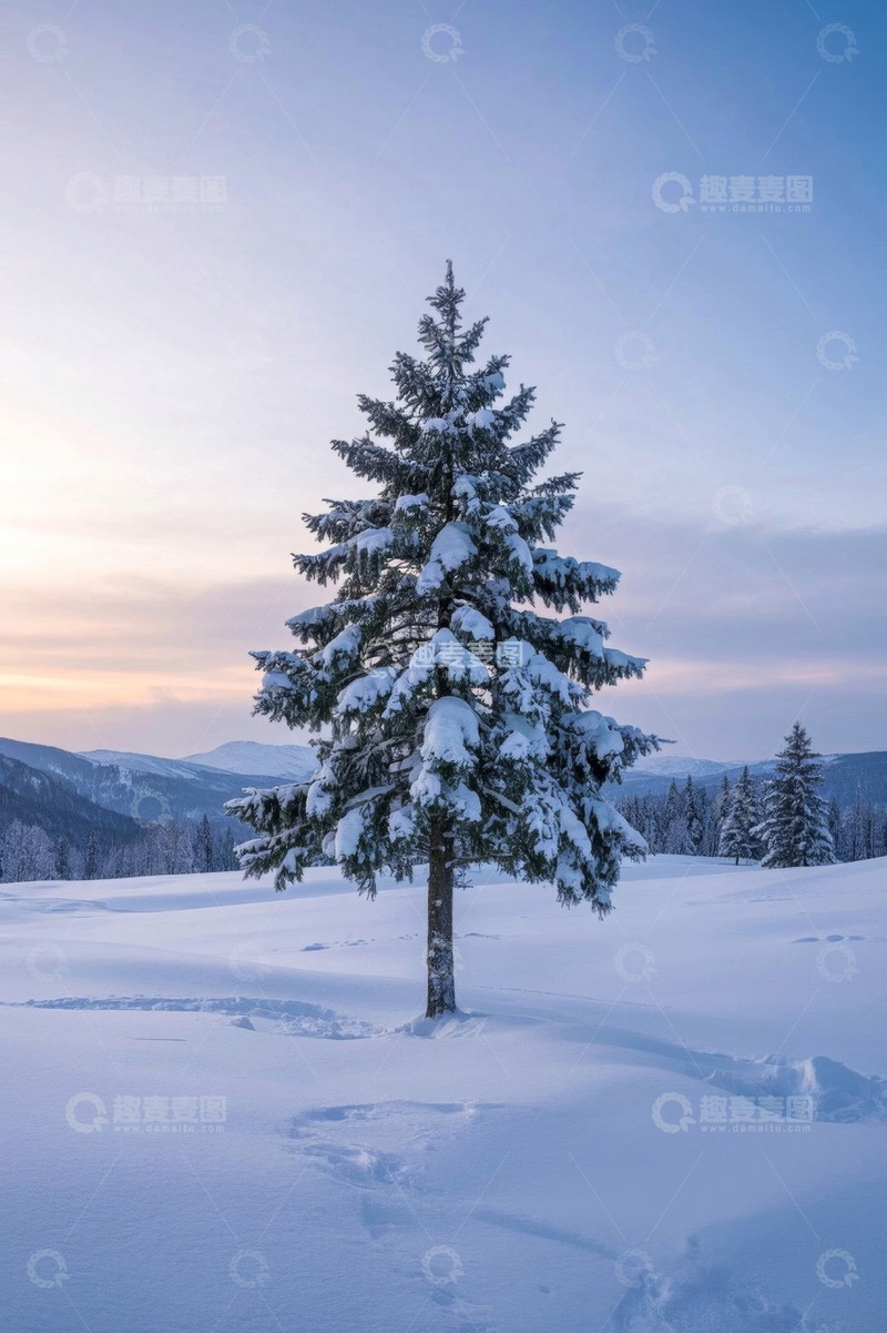 高清大图下载【趣麦麦图】雪地中积雪覆盖的松树