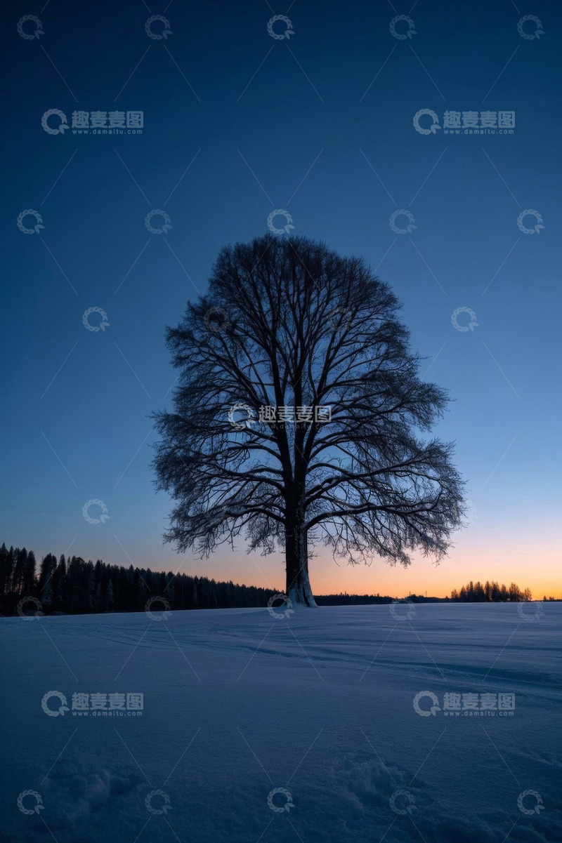 高清大图下载【趣麦麦图】雪地中孤独的树木黄昏景象