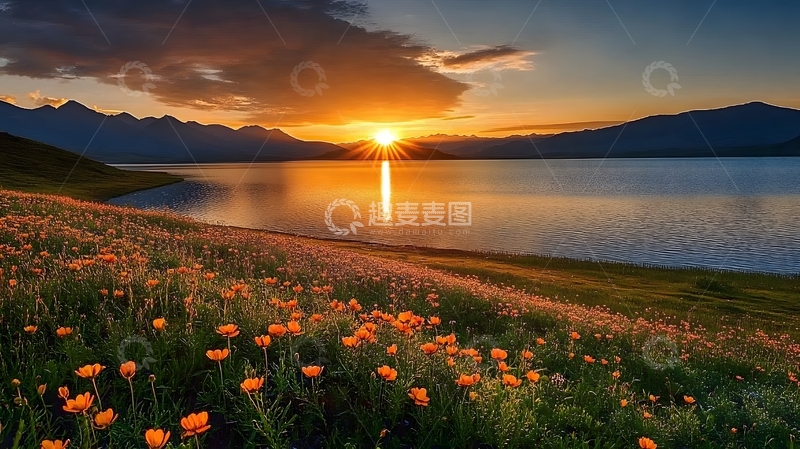 高清大图下载【趣麦麦图】湖畔日落花卉风光摄影