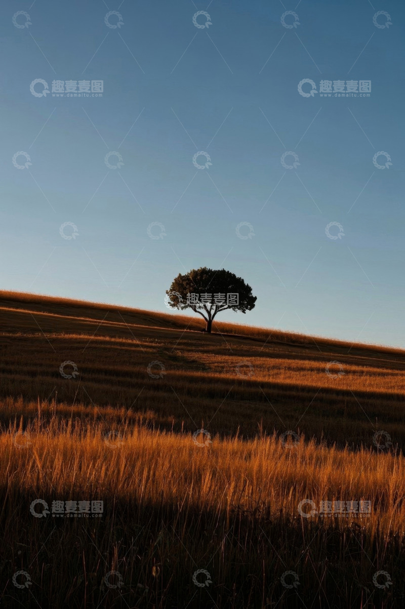 高清大图下载【趣麦麦图】旷野中独立的树木与金色草地