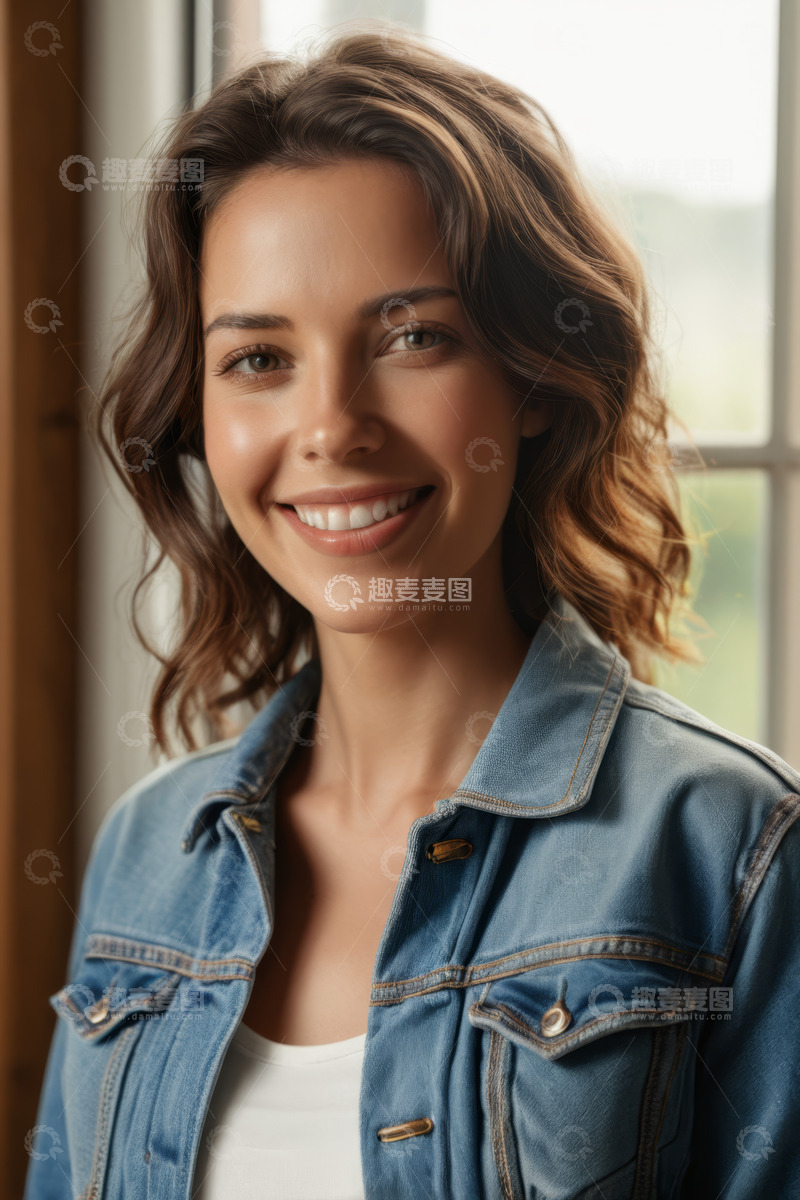 高清大图下载【趣麦麦图】微笑年轻女性牛仔外套肖像