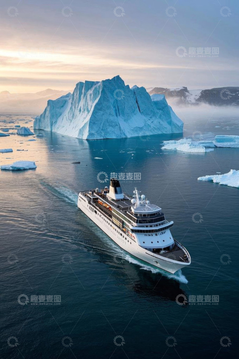 高清大图下载【趣麦麦图】游轮航行于冰山环绕的海洋