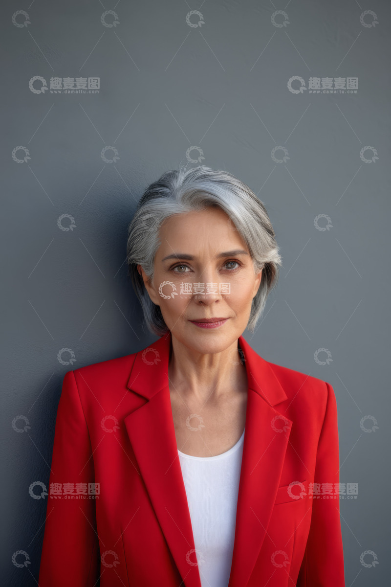 高清大图下载【趣麦麦图】成熟女性身着红衣靠墙特写