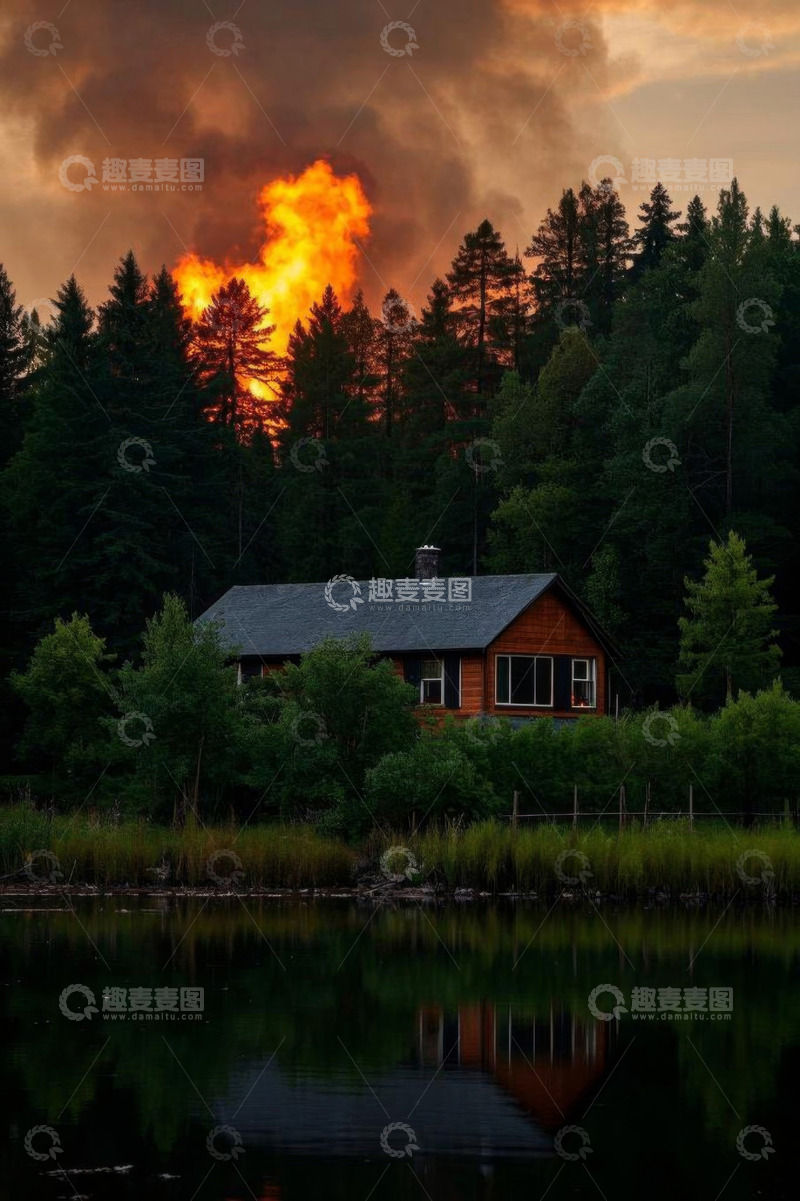 高清大图下载【趣麦麦图】湖边木屋与远处森林火灾景象