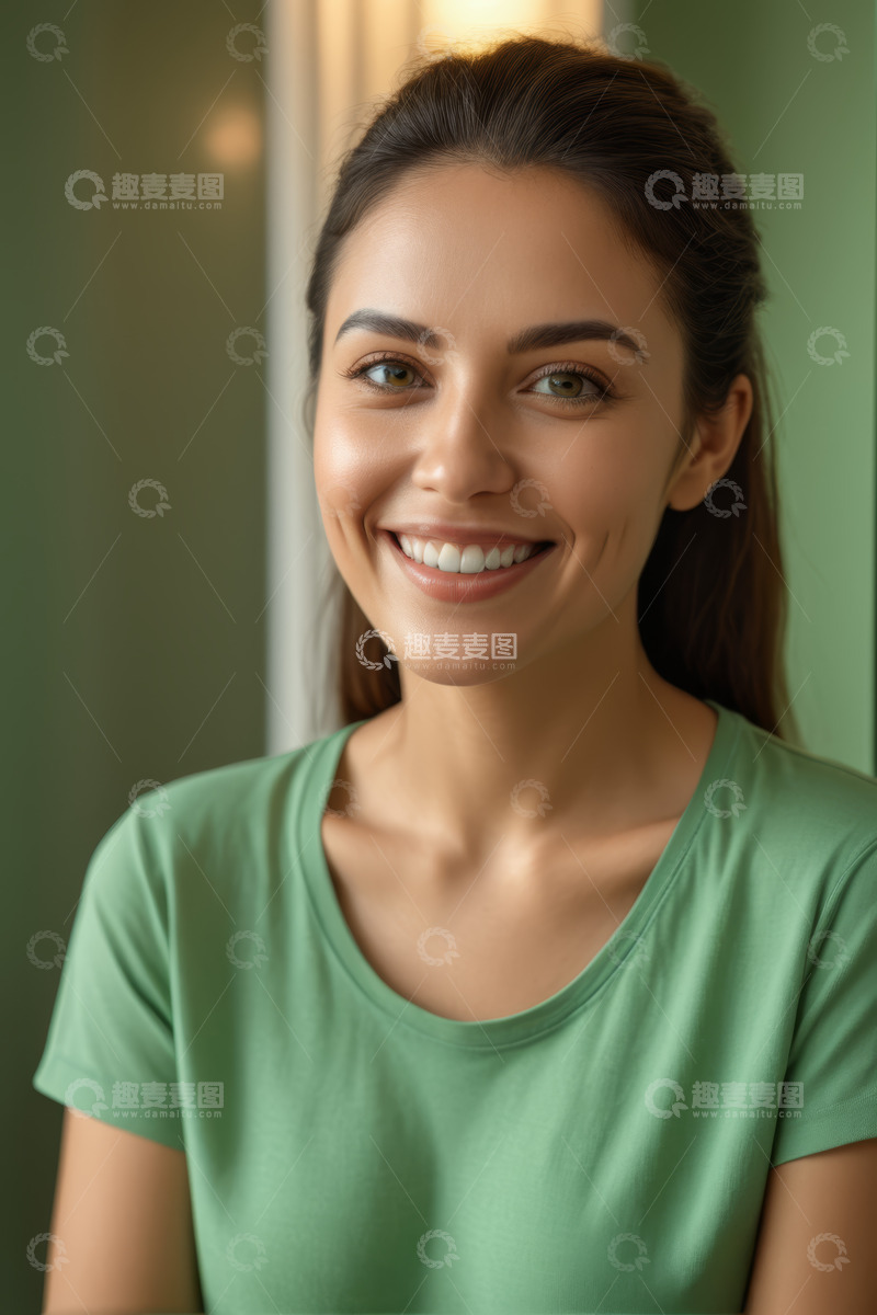 高清大图下载【趣麦麦图】微笑女人绿色上衣半身照