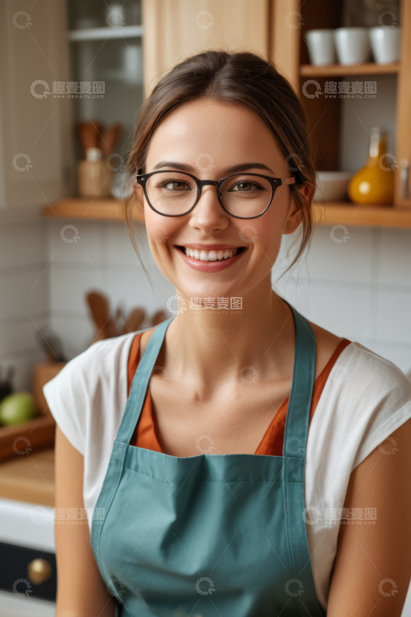 高清大图下载【趣麦麦图】厨房中微笑的围裙女子