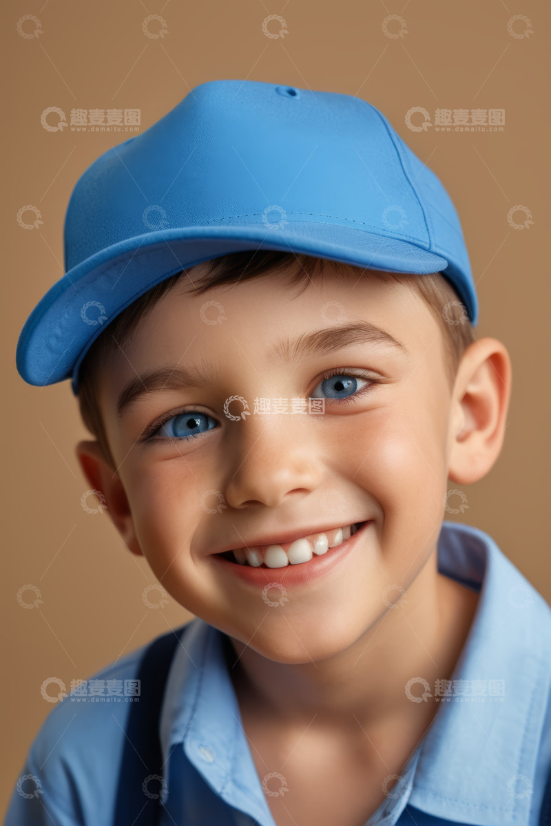 高清大图下载【趣麦麦图】戴蓝帽微笑男孩特写