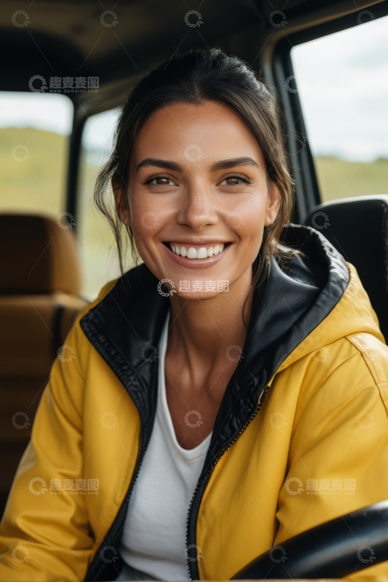 高清大图下载【趣麦麦图】车内微笑的年轻女子