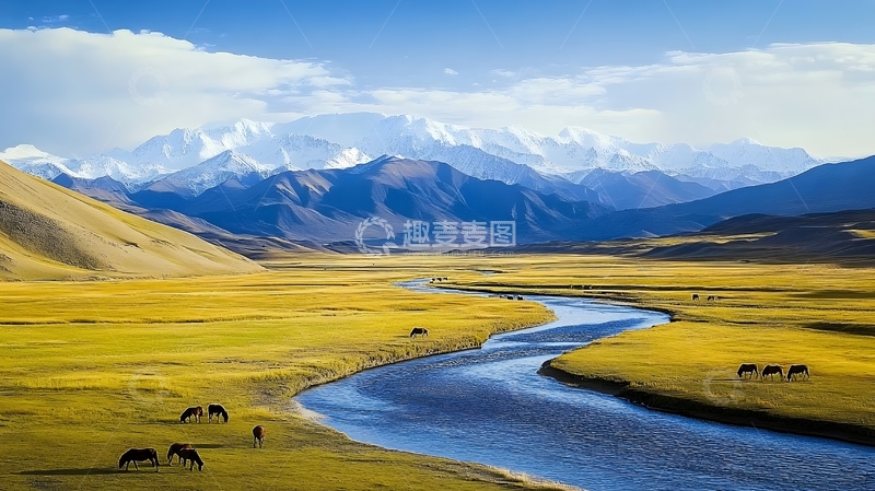高清大图下载【趣麦麦图】草原河流雪山风景摄影