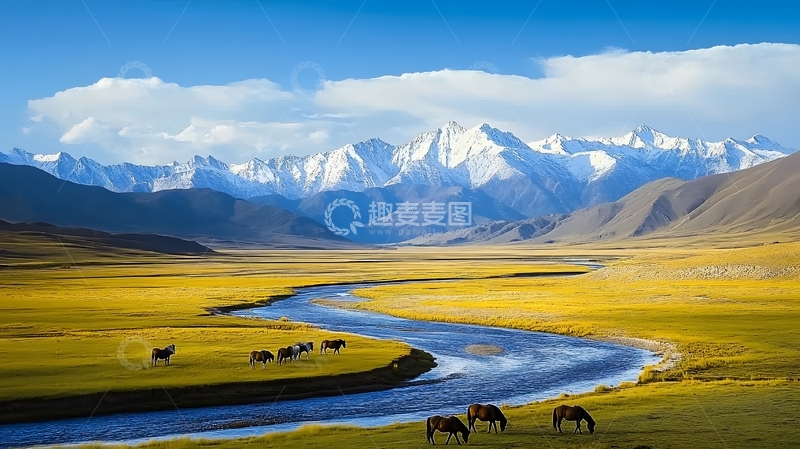 高清大图下载【趣麦麦图】雪山草原河流风光摄影