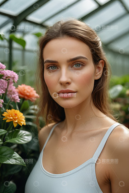 温室中美丽女子的肖像
